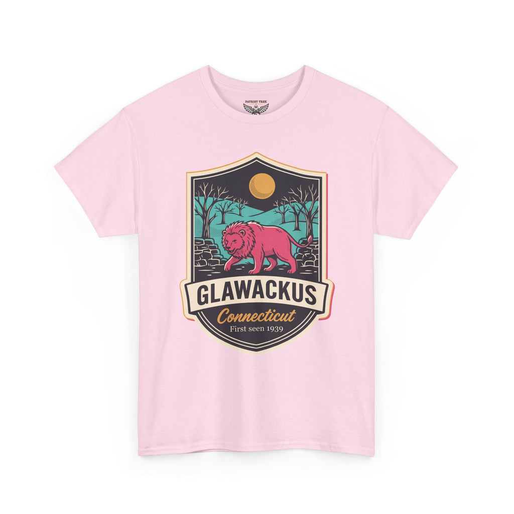 Light pink t-shirt with Glawackus Connecticut bear graphic badge front print
