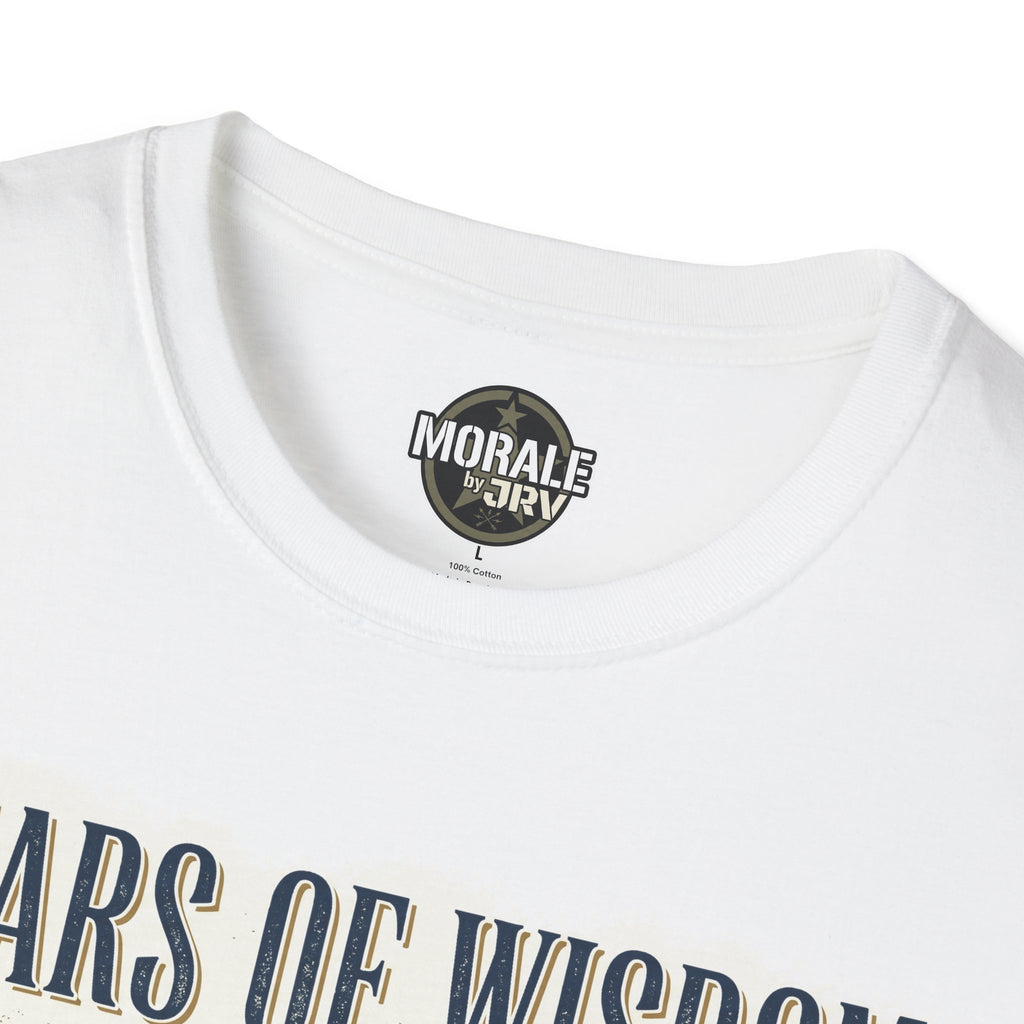 White T-shirt neckline close-up with brand logo and crew neck seam