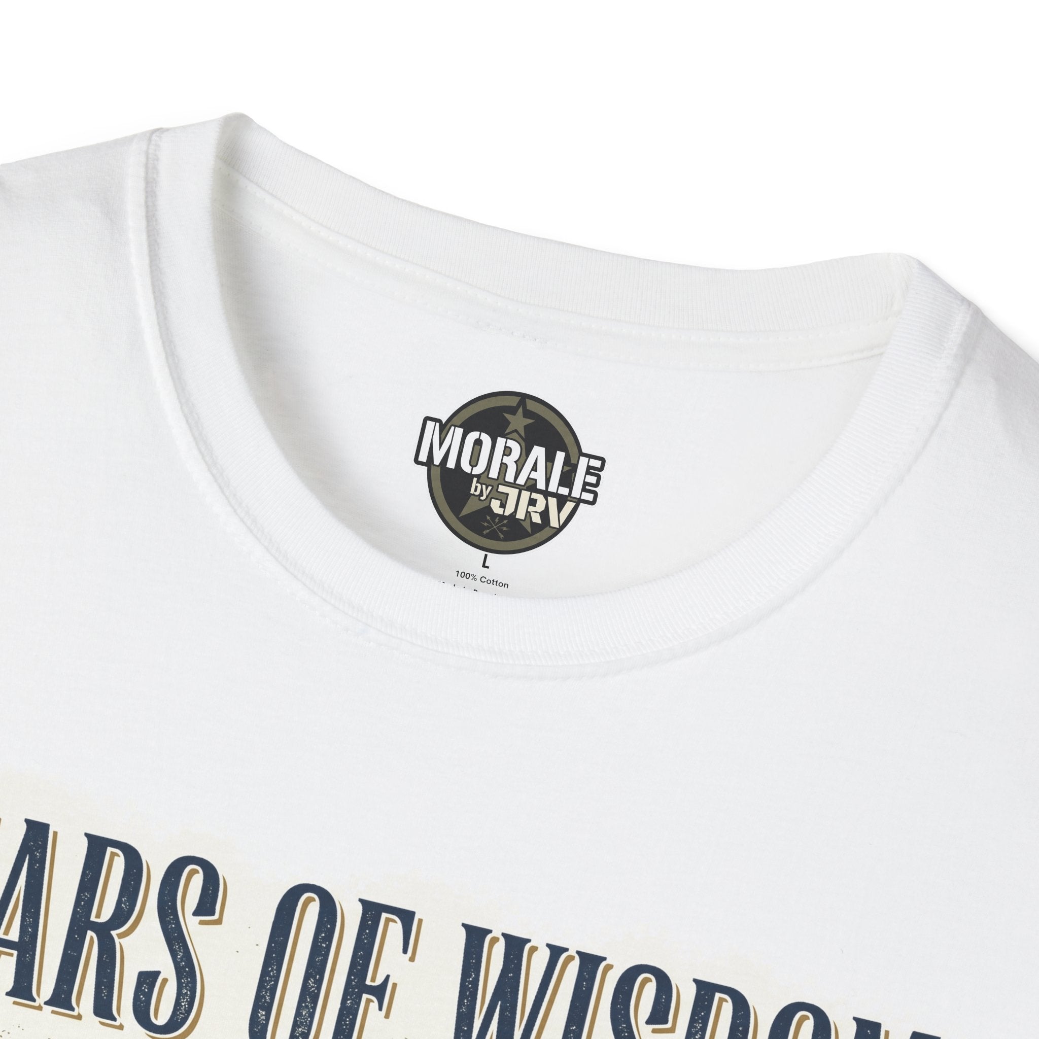 White t-shirt neckline close-up with “Morale by Drirby” logo label