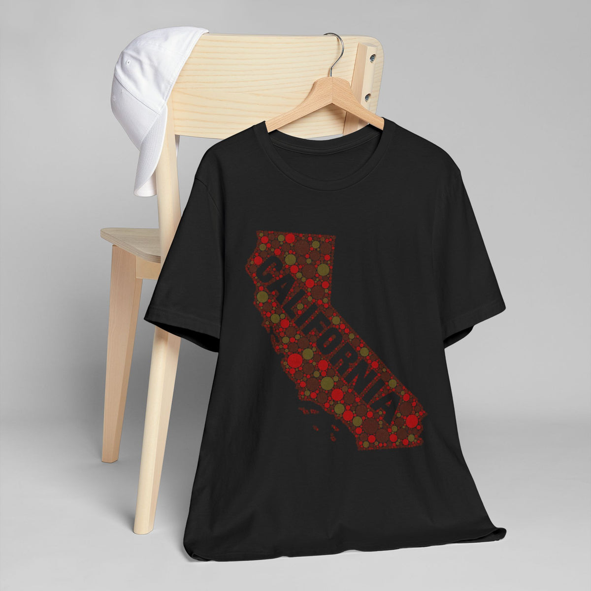 Black crewneck t-shirt with red floral California map graphic on front