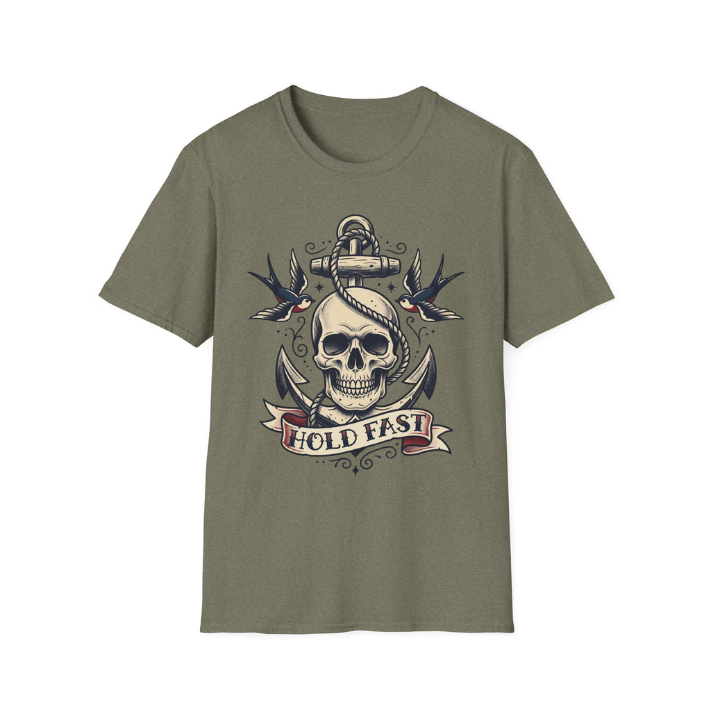 Olive green T-shirt with skull anchor tattoo graphic and “HOLD FAST” banner