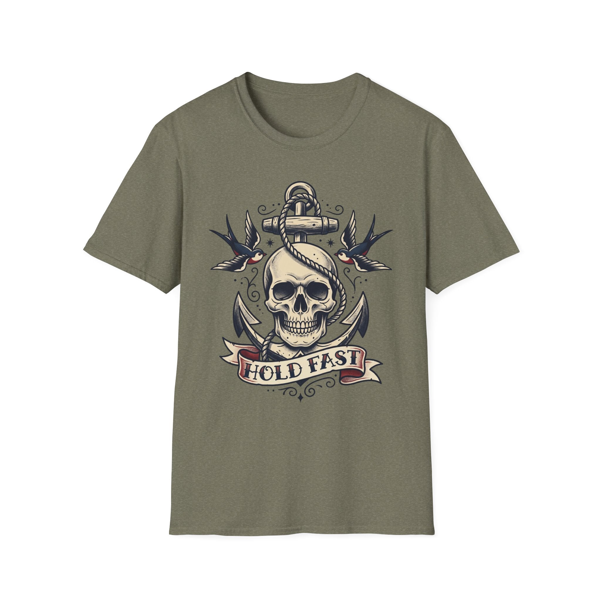 Olive green T-shirt with skull anchor tattoo graphic and “HOLD FAST” banner