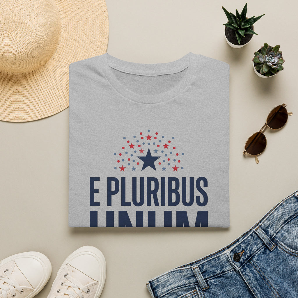 Sport grey patriotic graphic T-shirt with crew neck; starburst and 'E Pluribus Unum'