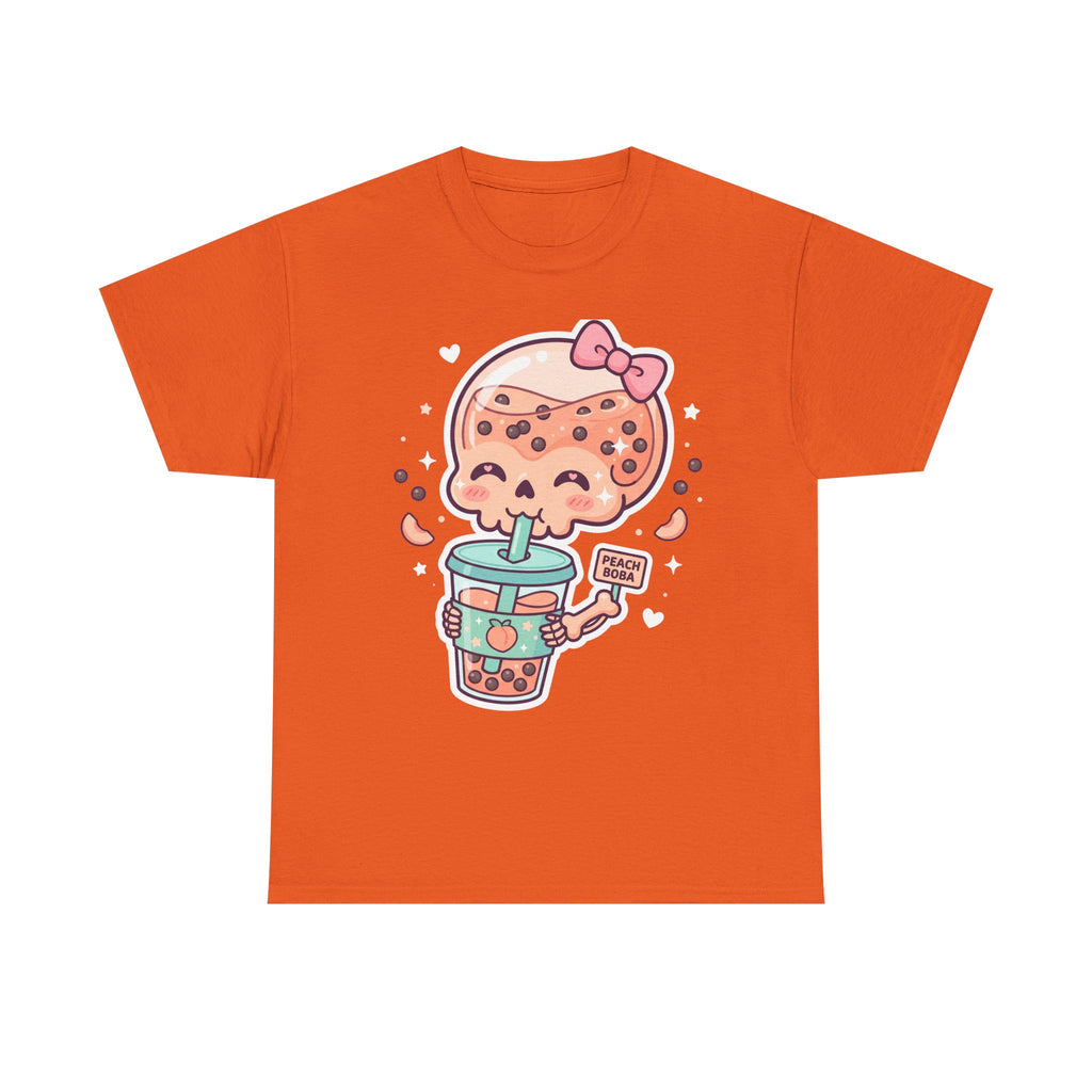 Orange-red T-shirt with kawaii boba tea skull graphic holding a cup