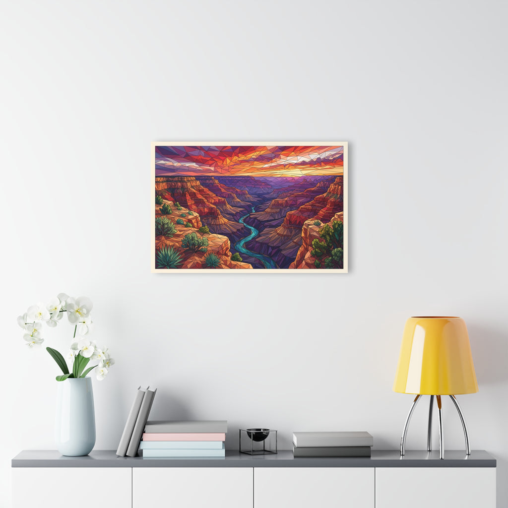 Small framed geometric desert sunset acrylic wall art print on wall, multicolor canyon