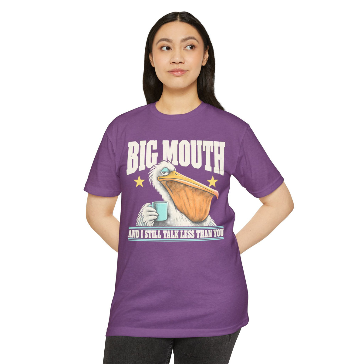 Purple T-shirt with front graphic of a pelican holding a cup, “BIG MOUTH” text