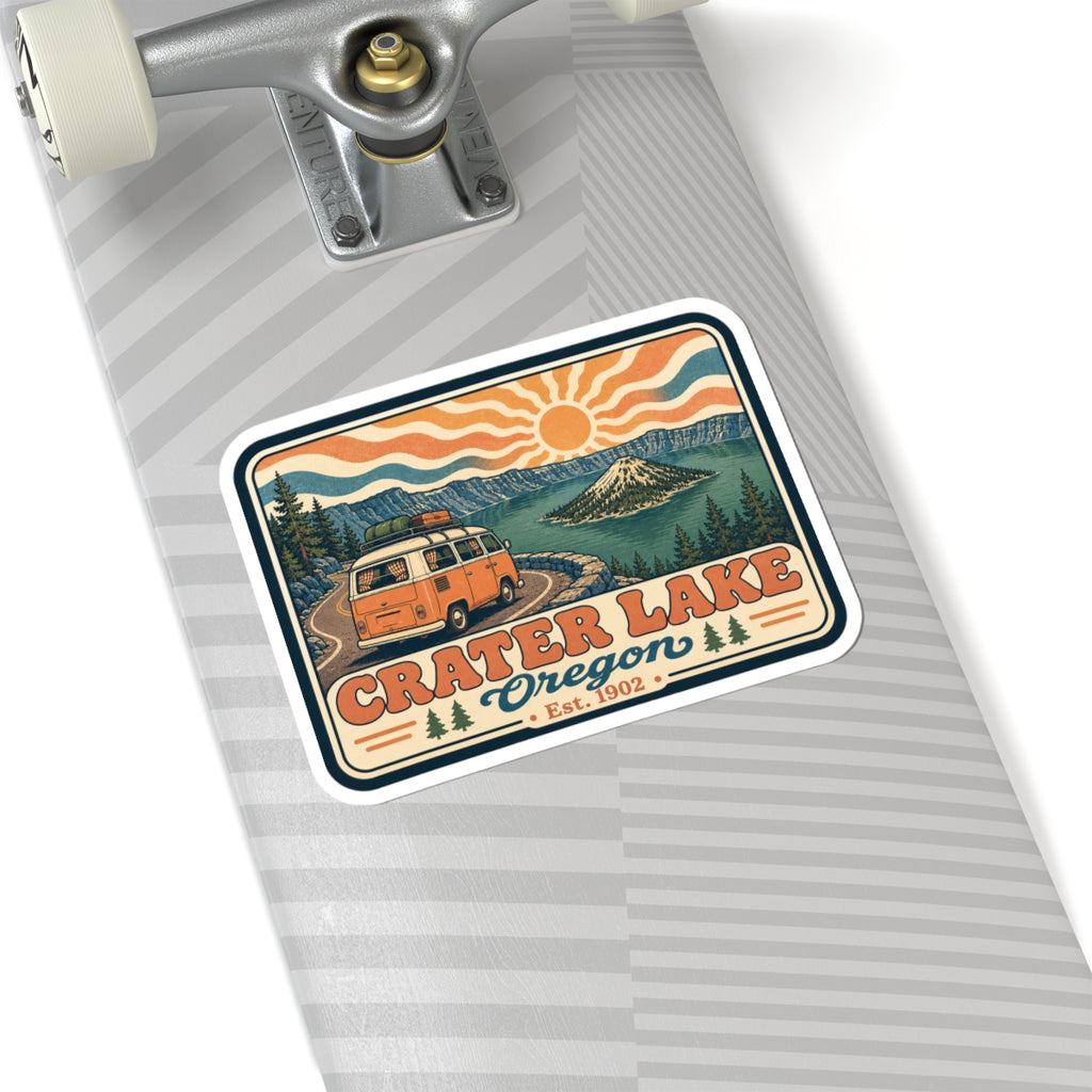 Kiss-cut sticker on skateboard deck, retro Crater Lake Oregon camper van lake scene