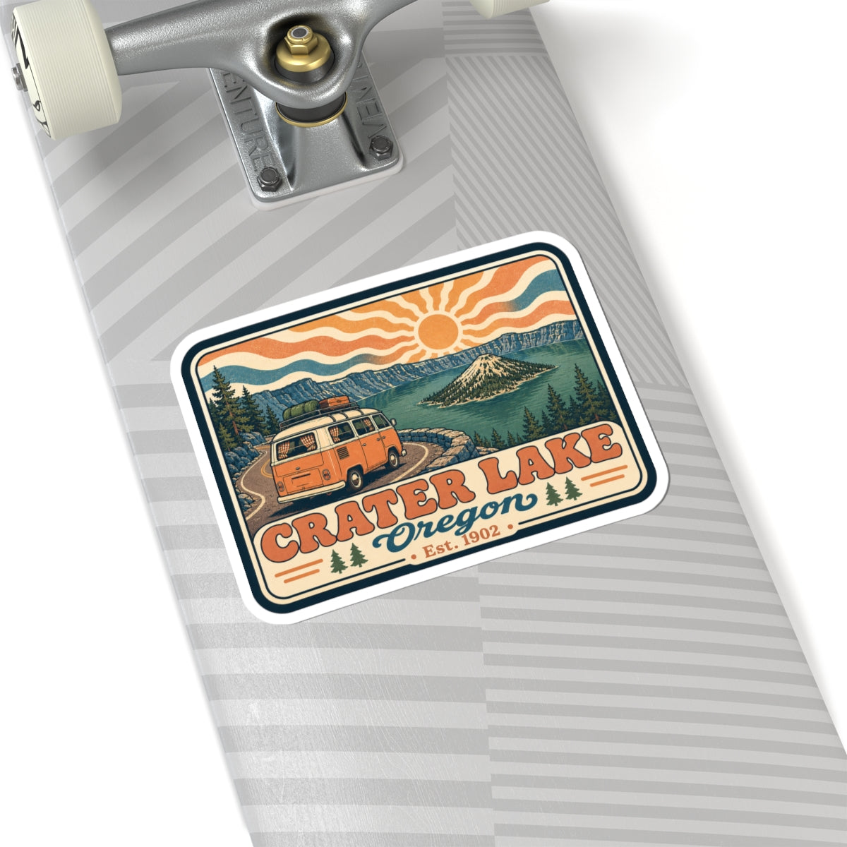 Kiss-cut sticker on skateboard deck, retro Crater Lake Oregon camper van lake scene