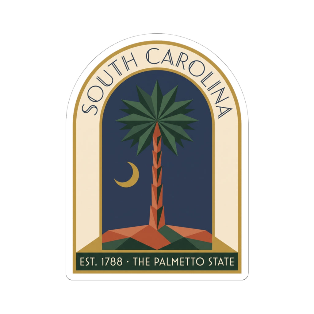 South Carolina palmetto sticker, arched seal design with palm tree, crescent moon and “EST. 1788”