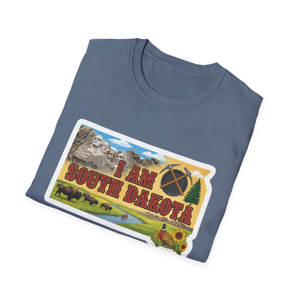 Heather Navy South Dakota T-shirt with graphic “I AM SOUTH DAKOTA” map