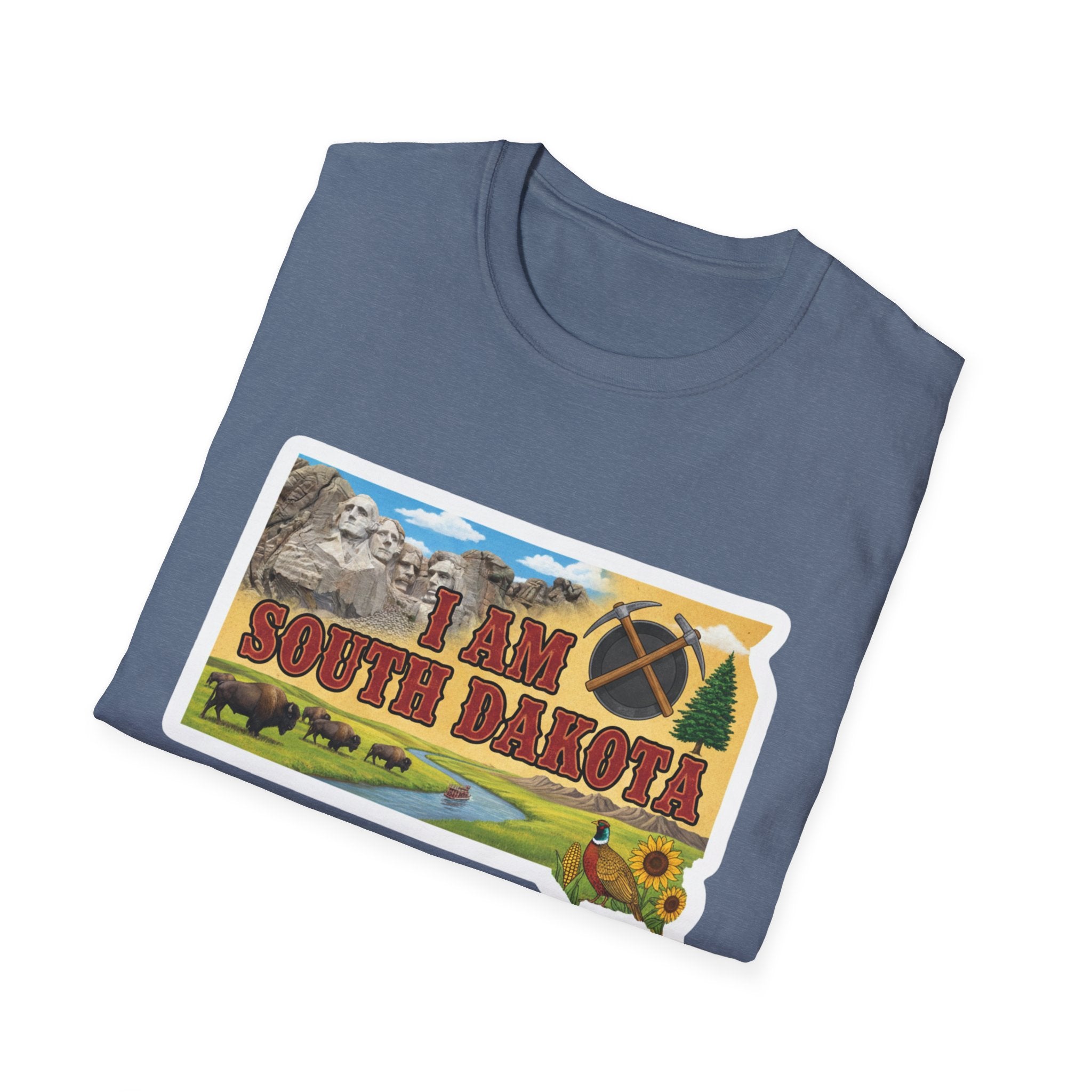 Heather Navy South Dakota T-shirt with graphic “I AM SOUTH DAKOTA” map