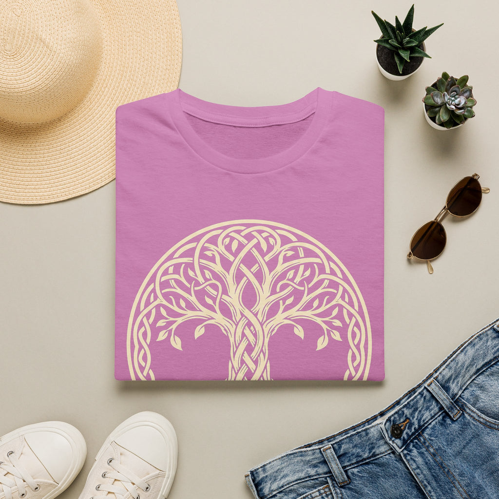 Purple Tree of Life graphic t-shirt with knotwork circular tree design