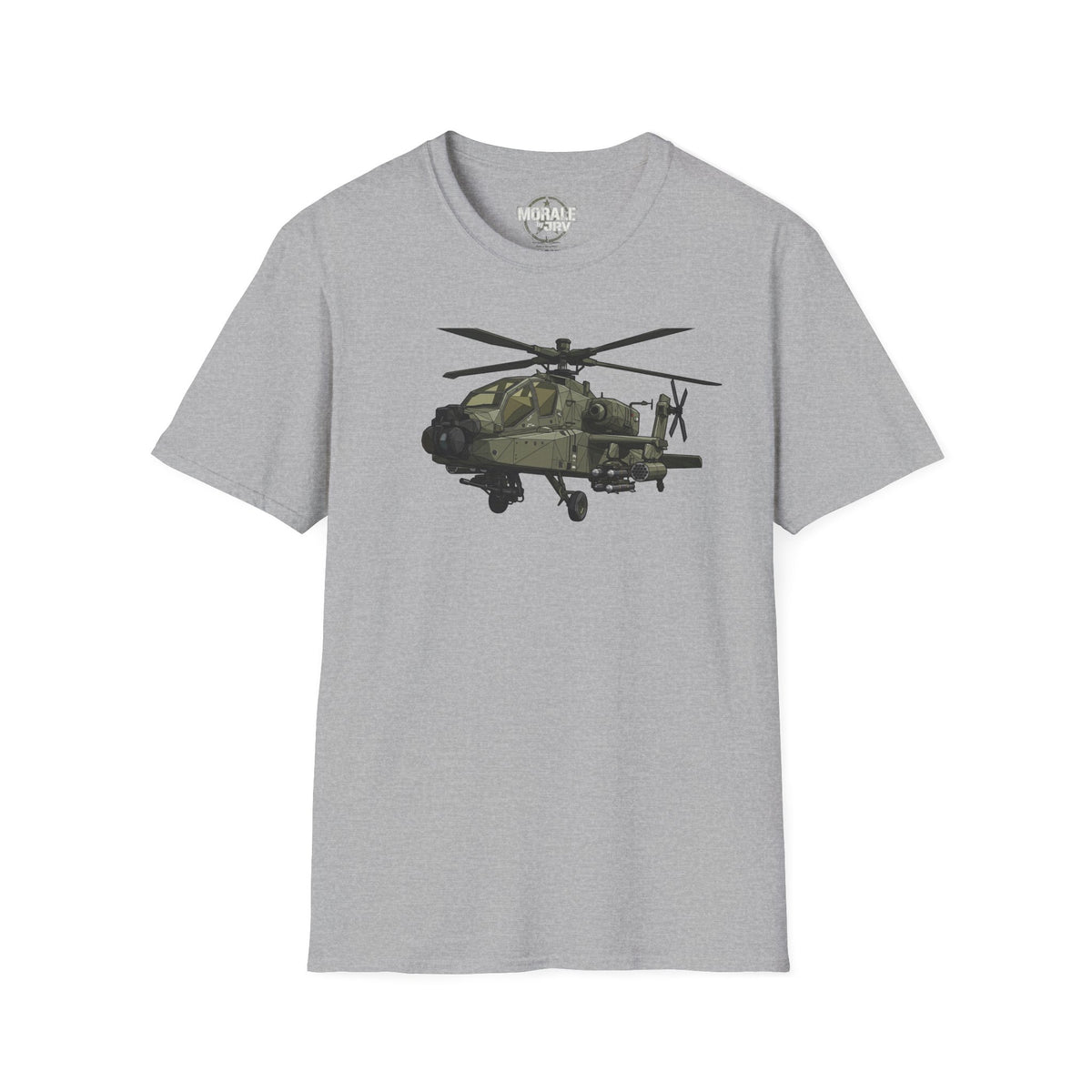 Light gray crew-neck T-shirt with helicopter graphic and small chest logo