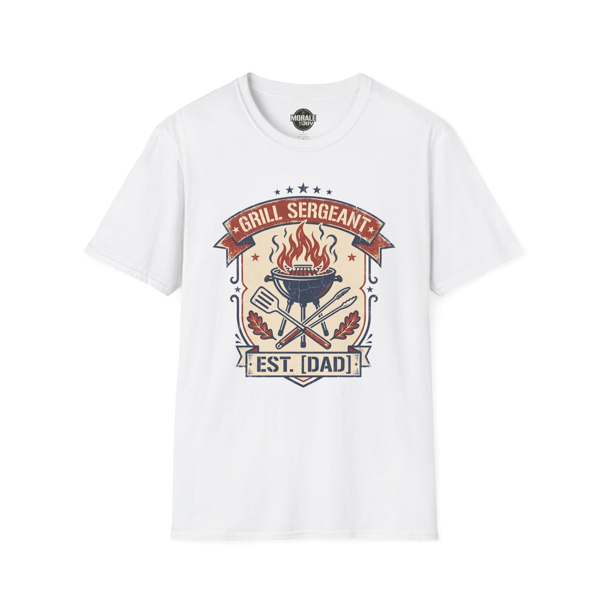 White dad grill graphic t-shirt featuring “Grill Sergeant” and “EST. DAD” with flames