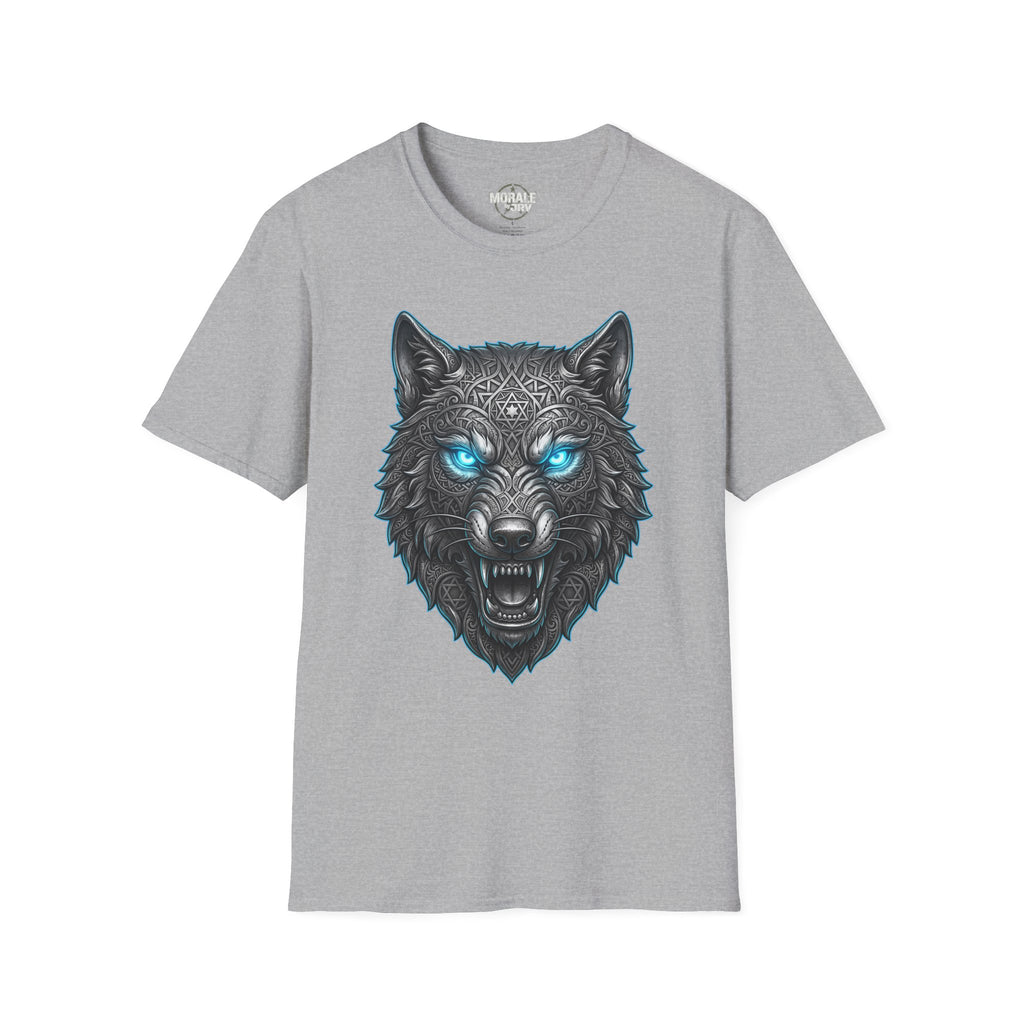 Sport grey T-shirt with glowing blue-eyed wolf head artwork and decorative pattern