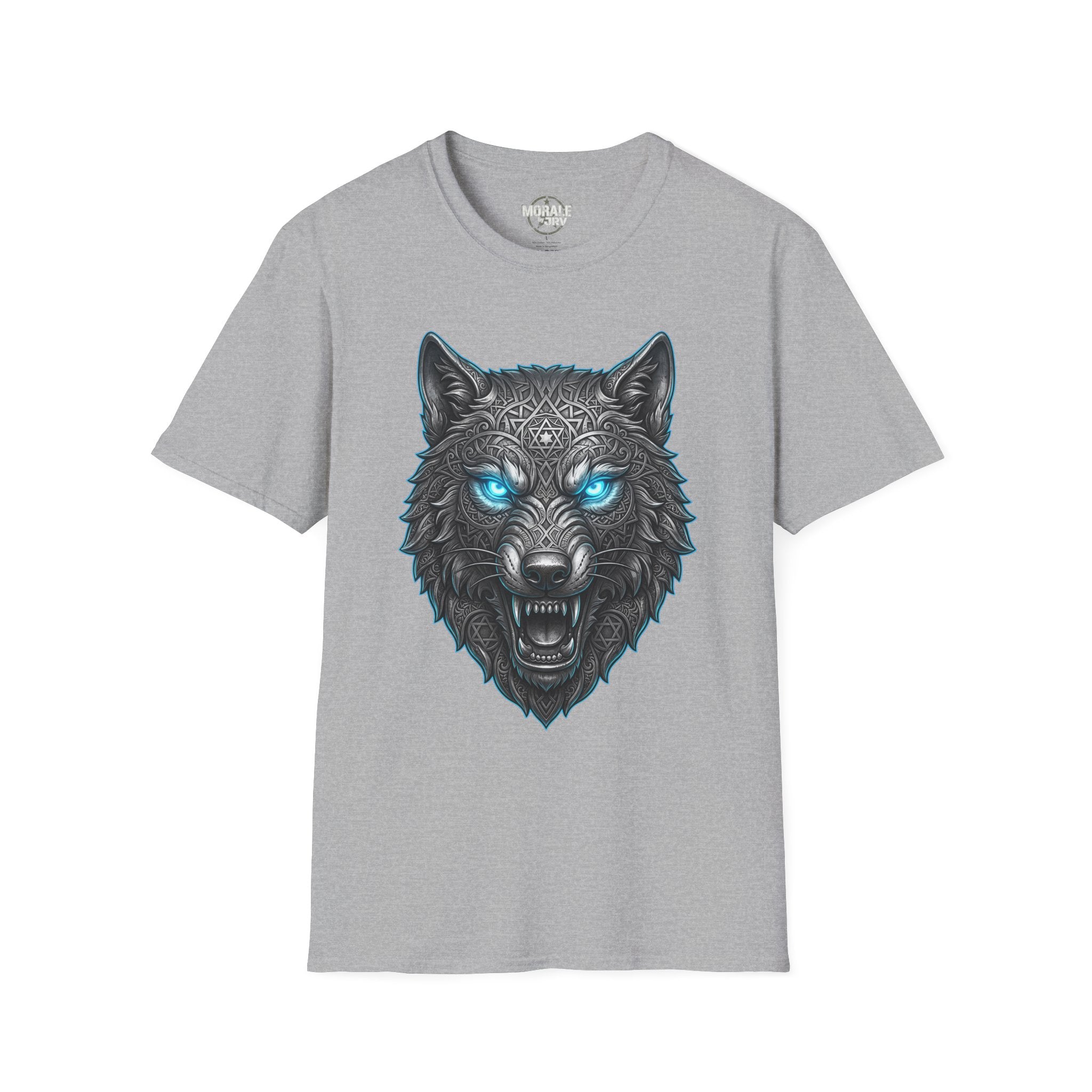 Sport grey T-shirt with glowing blue-eyed wolf head artwork and decorative pattern