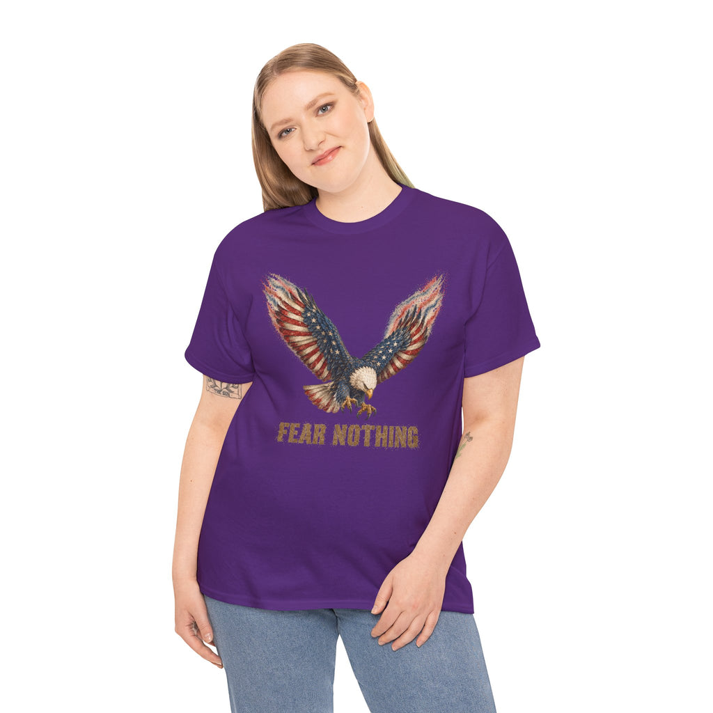 Purple crew-neck T-shirt with eagle graphic and 'Fear Nothing' slogan
