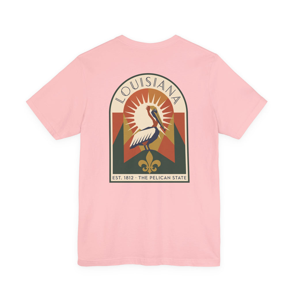 Pink T-shirt with centered Art Deco-style Louisiana pelican graphic emblem