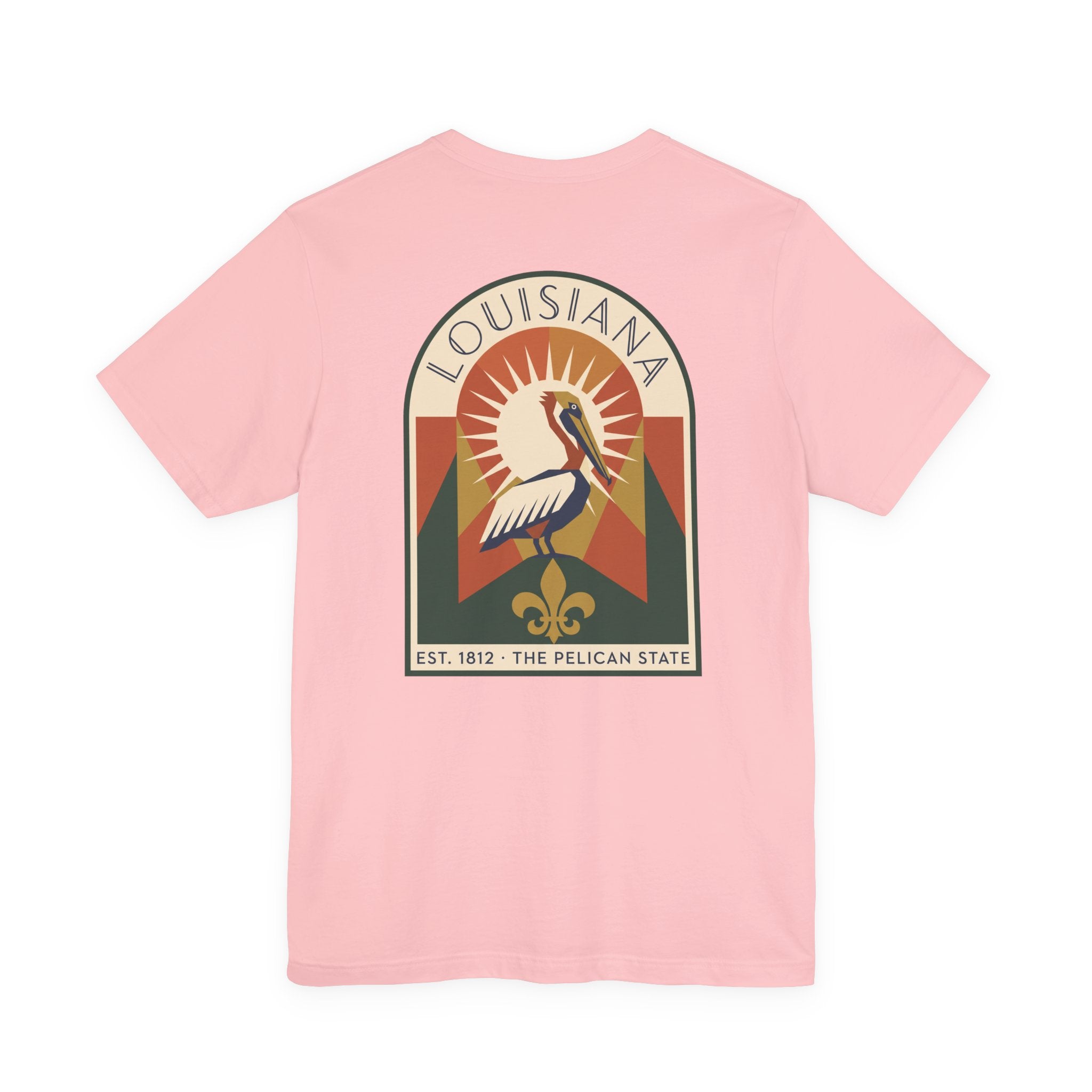 Pink T-shirt with centered Art Deco-style Louisiana pelican graphic emblem