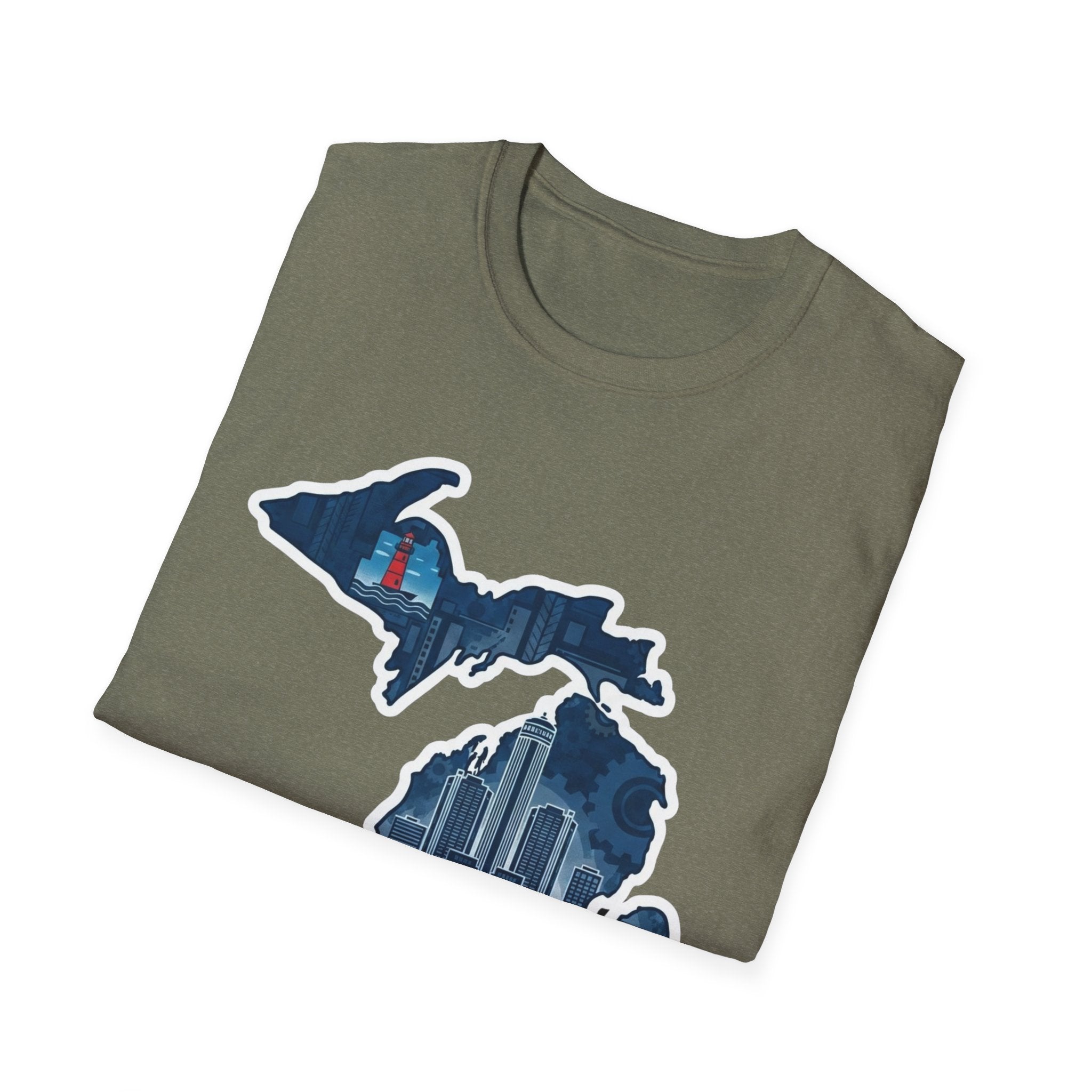 I Am Michigan map graphic T-shirt, dark olive with blue skyline map graphic