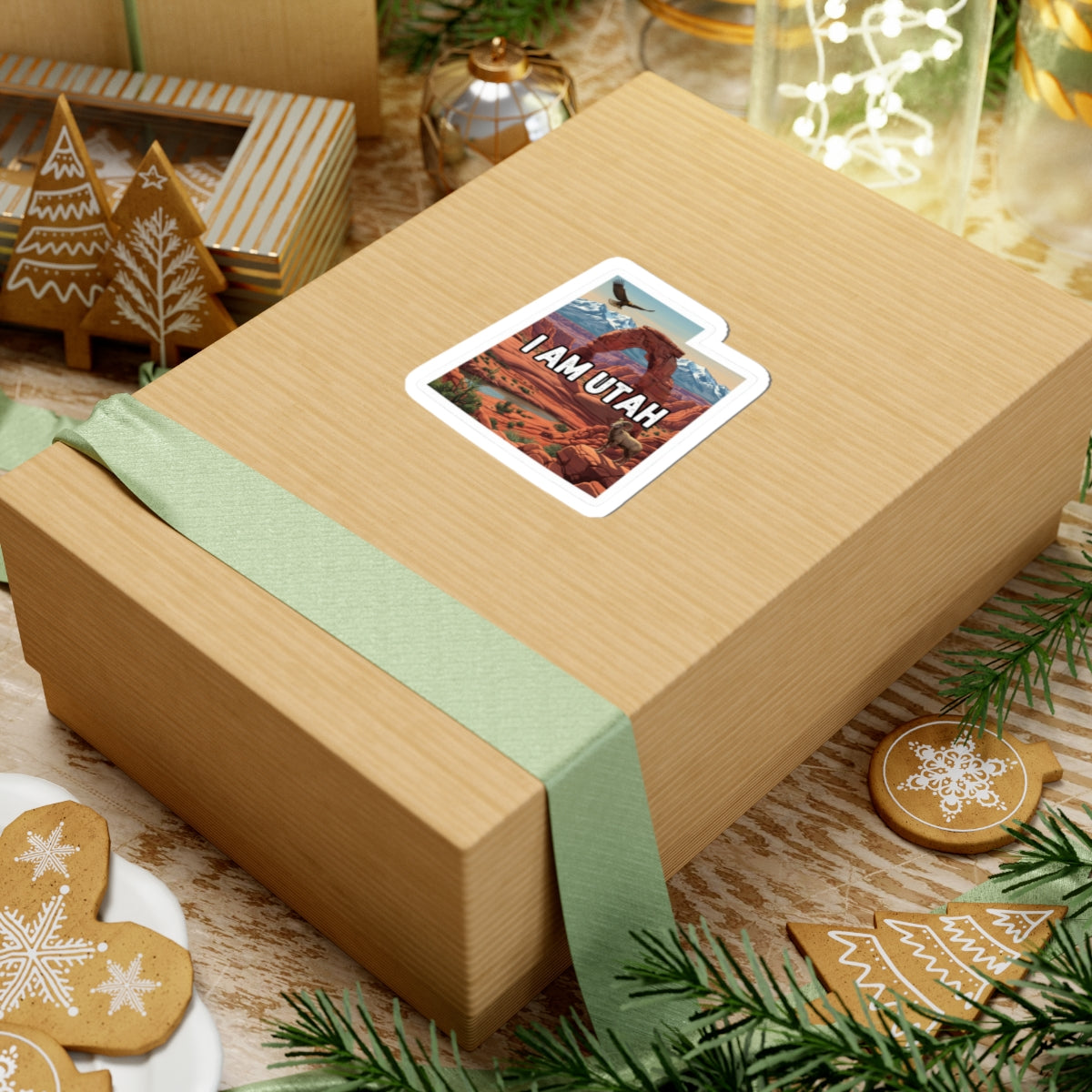 “I AM UTAH” kiss-cut sticker with white border on gift box