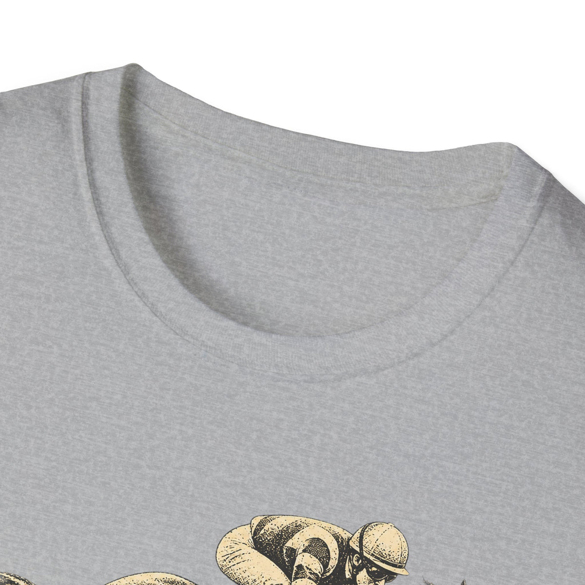 Light gray t-shirt close-up: crew neck and partial gold jockey graphic