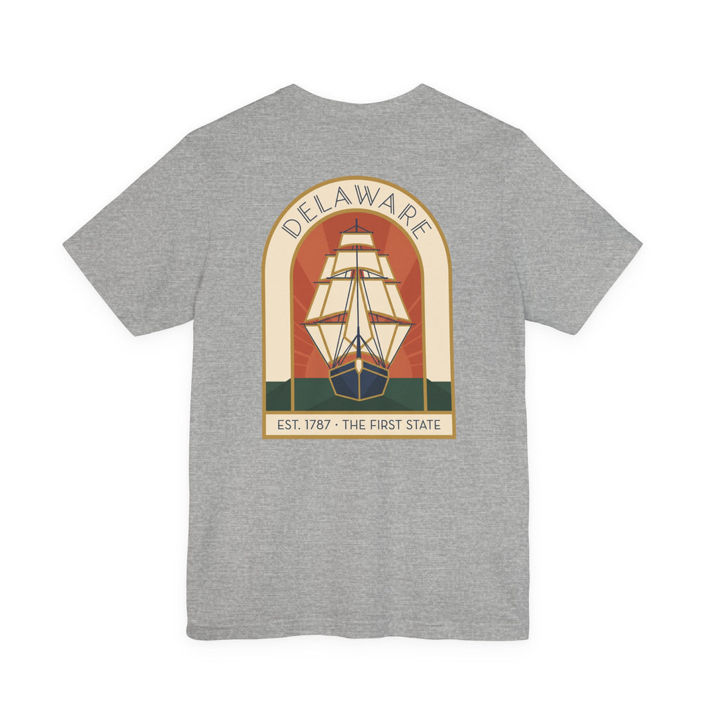 Heather gray Delaware tall ship T-shirt with circular vintage graphic and EST 1787