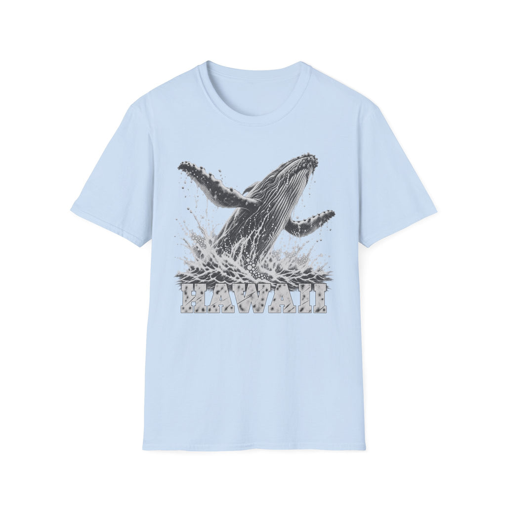 Light blue crewneck T-shirt with white breaching humpback whale and “HAWAII” graphic