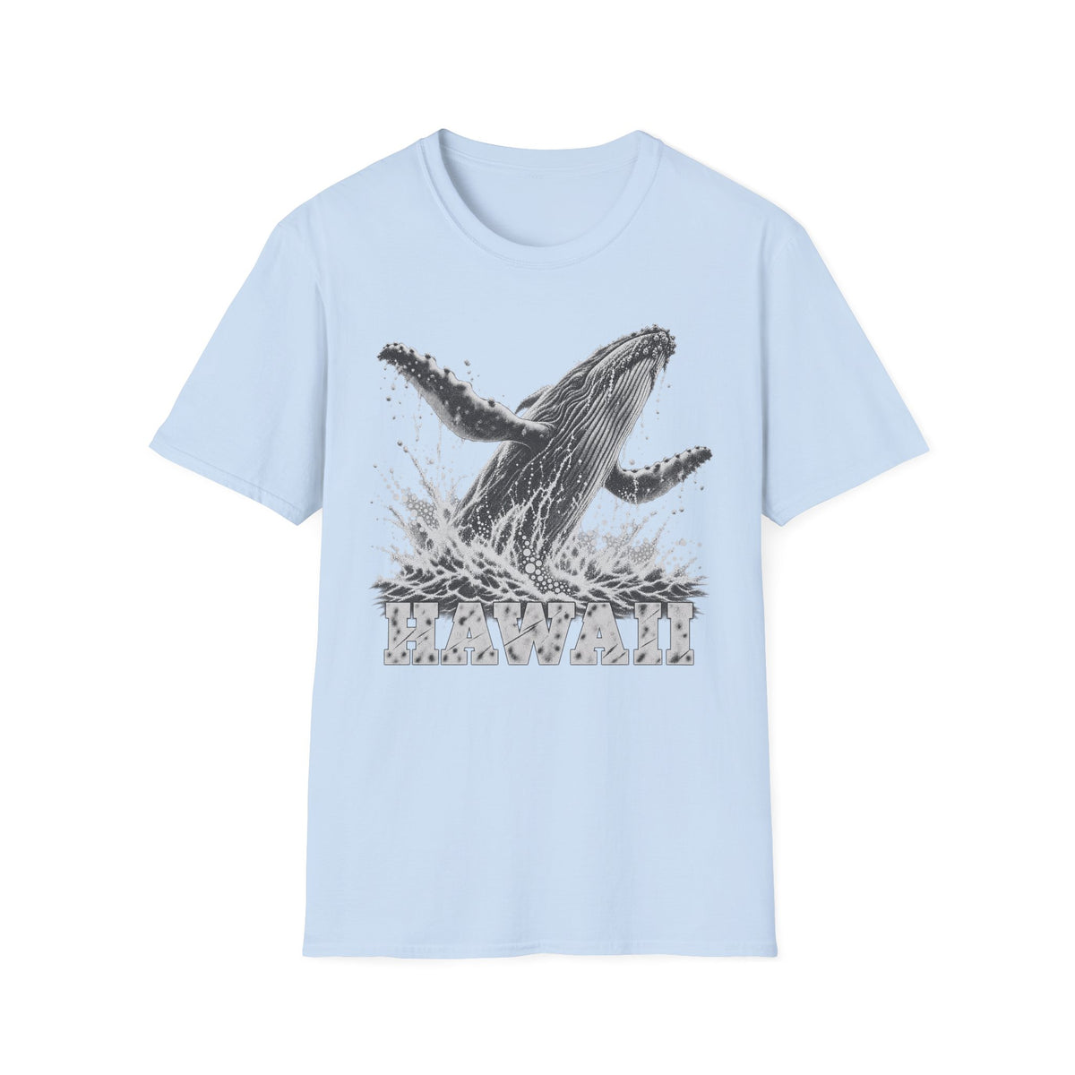 Light blue crewneck T-shirt with white breaching humpback whale and “HAWAII” graphic