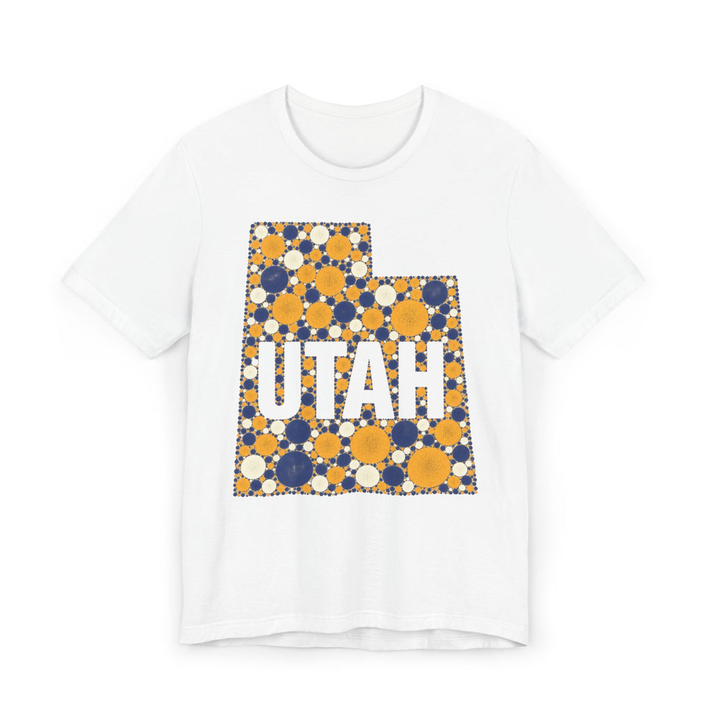 Polka dot Utah graphic t-shirt with UTAH text, blue and yellow on white