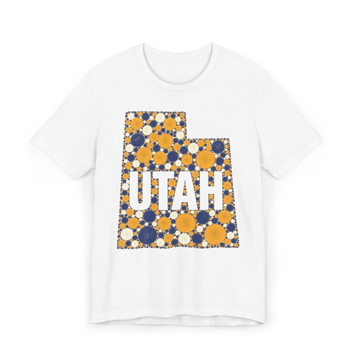 Polka dot Utah graphic t-shirt with UTAH text, blue and yellow on white