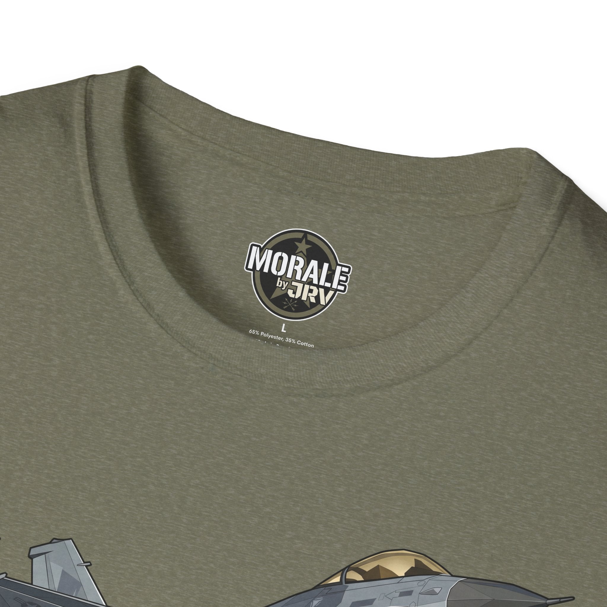 Heather Military Green T-shirt neckline with 'Morale by TRVY' logo