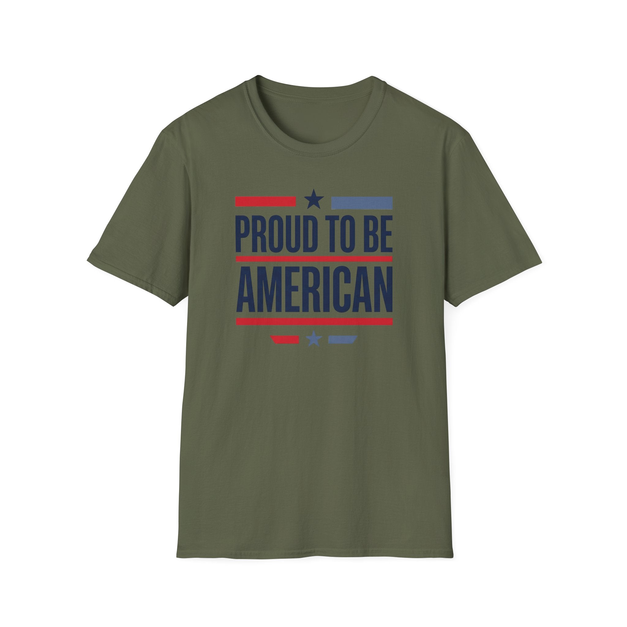 Olive green crewneck T-shirt with “PROUD TO BE AMERICAN” flag-style graphic.