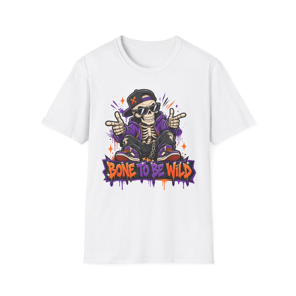 White skeleton DJ T-shirt with purple headphones skull and “Bone to Be Wild” text