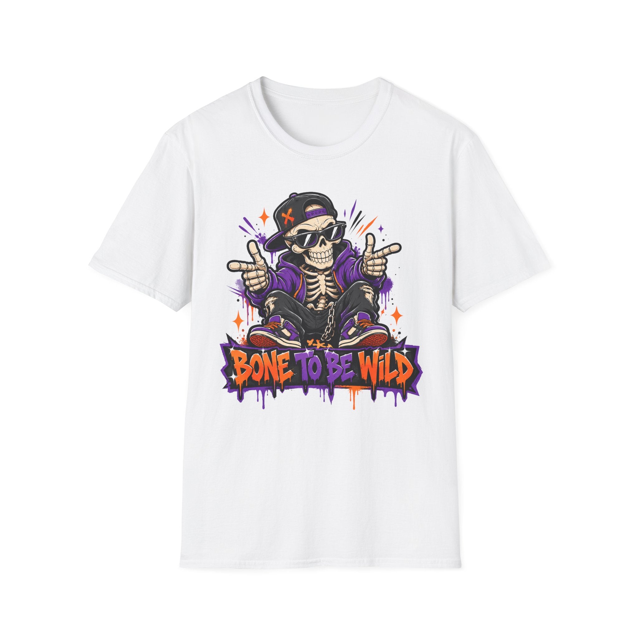 White skeleton DJ T-shirt with purple headphones skull and “Bone to Be Wild” text