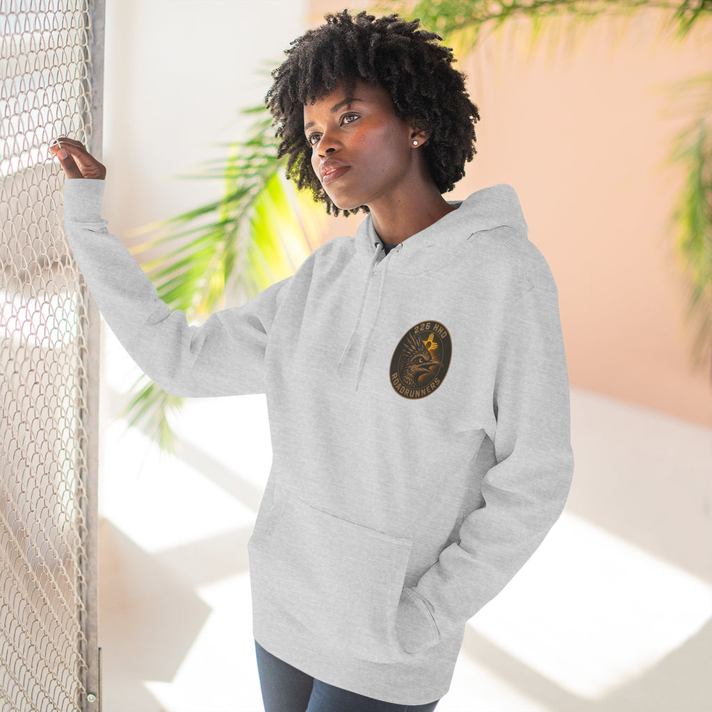 Gray cotton pullover hoodie with kangaroo pocket and round chest logo.