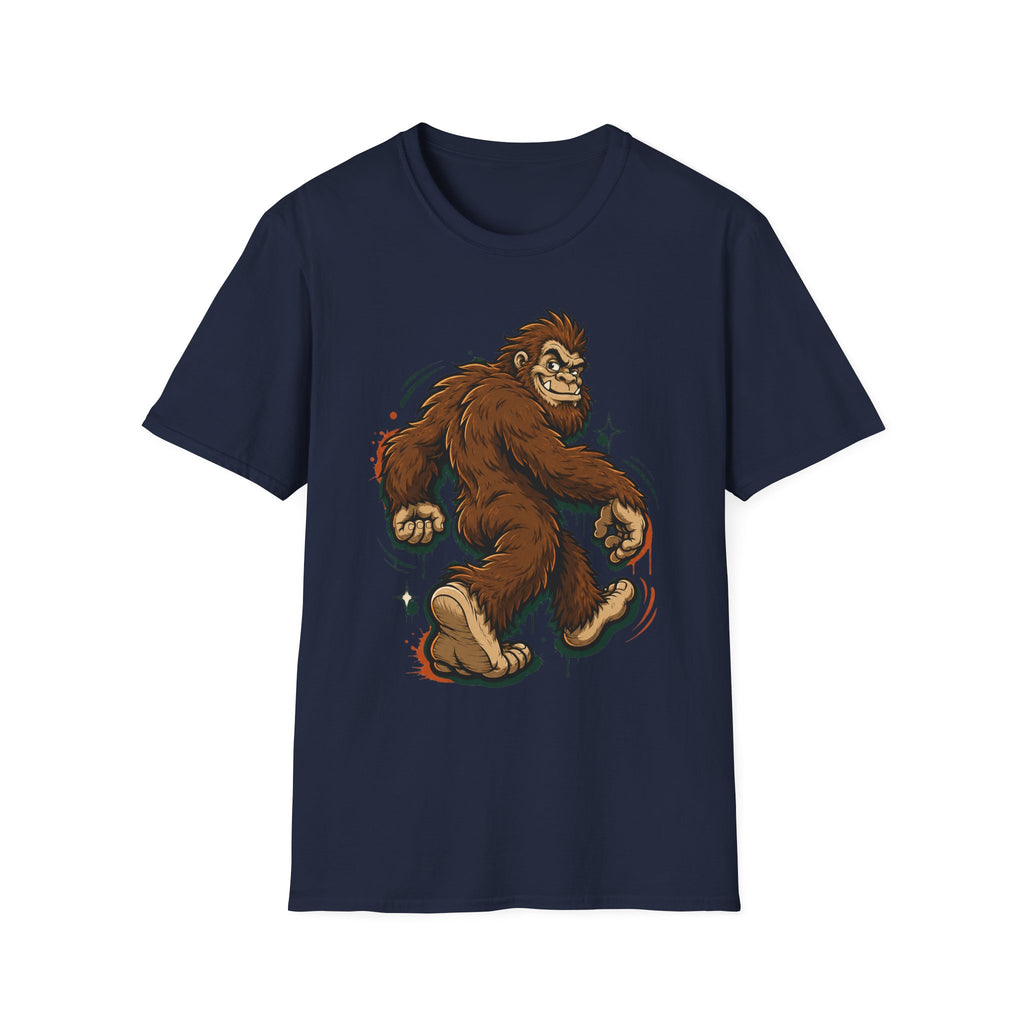 Navy crew-neck t-shirt featuring smirking sasquatch cartoon graphic