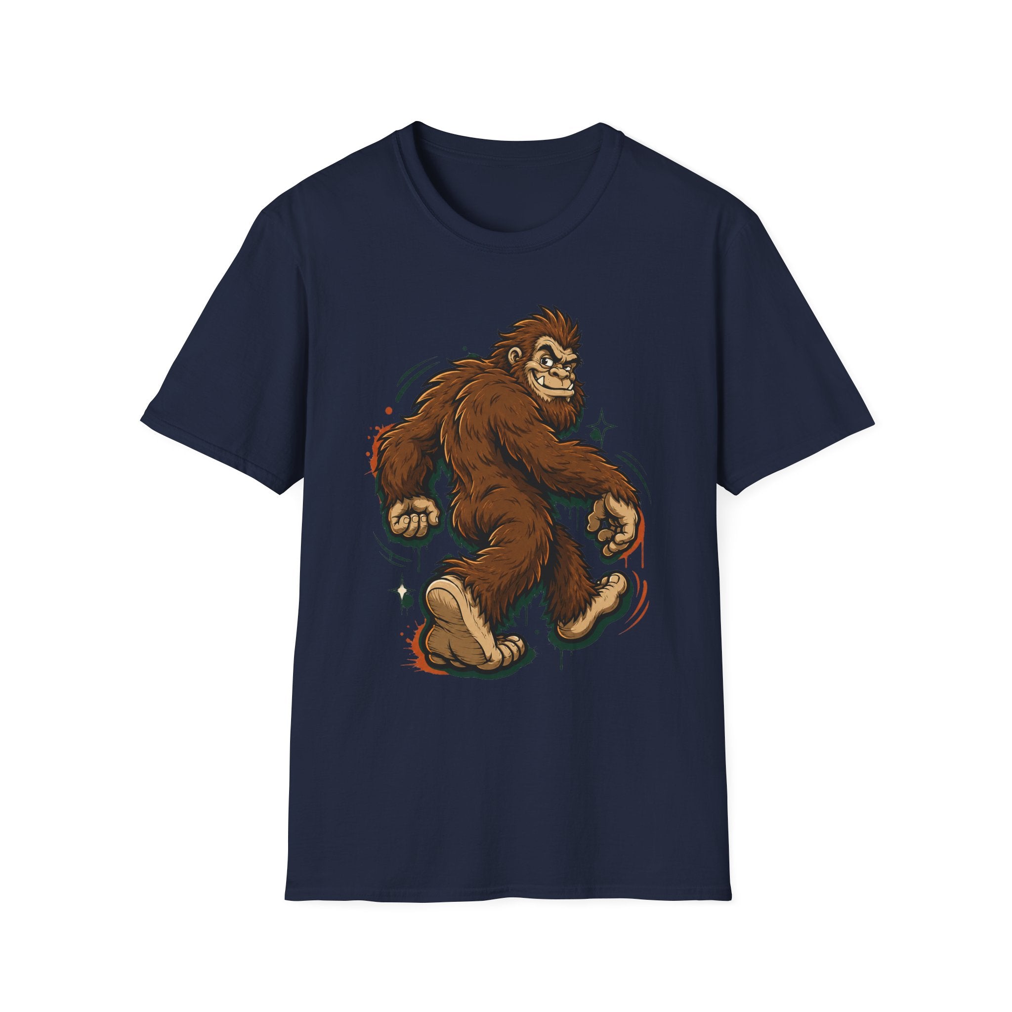 Navy crew-neck t-shirt featuring smirking sasquatch cartoon graphic