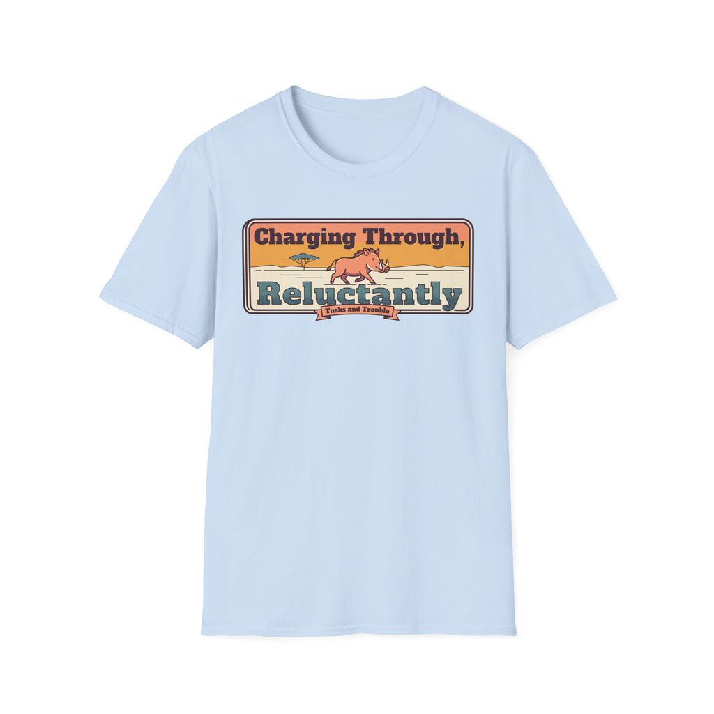 Light blue graphic crew-neck T-shirt with colorful “Charging Through Reluctantly” print