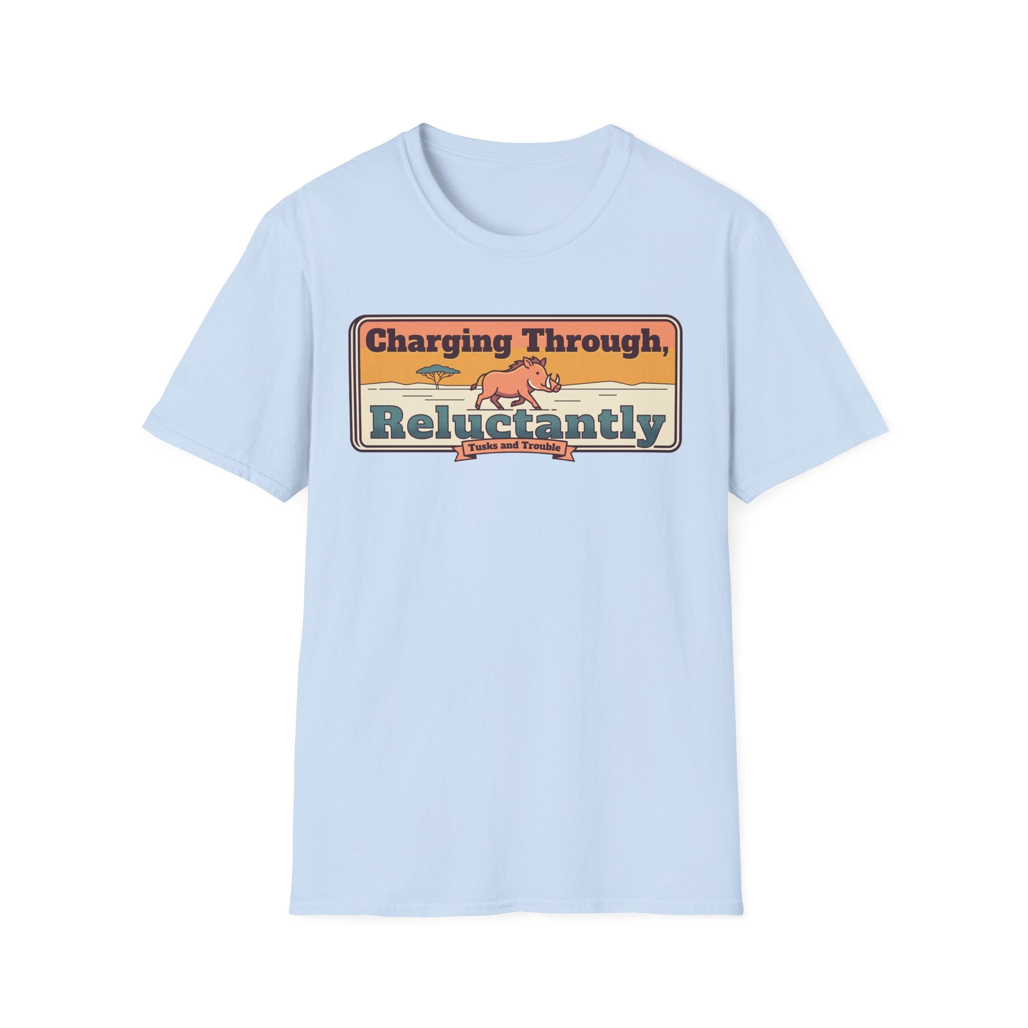 Light blue graphic crew-neck T-shirt with colorful “Charging Through Reluctantly” print