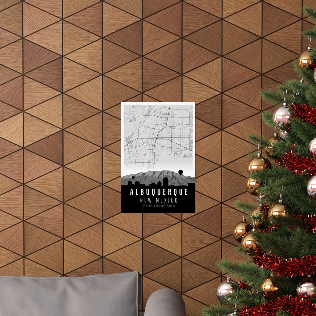 Albuquerque New Mexico city map poster hanging on a wall, with skyline and coordinates