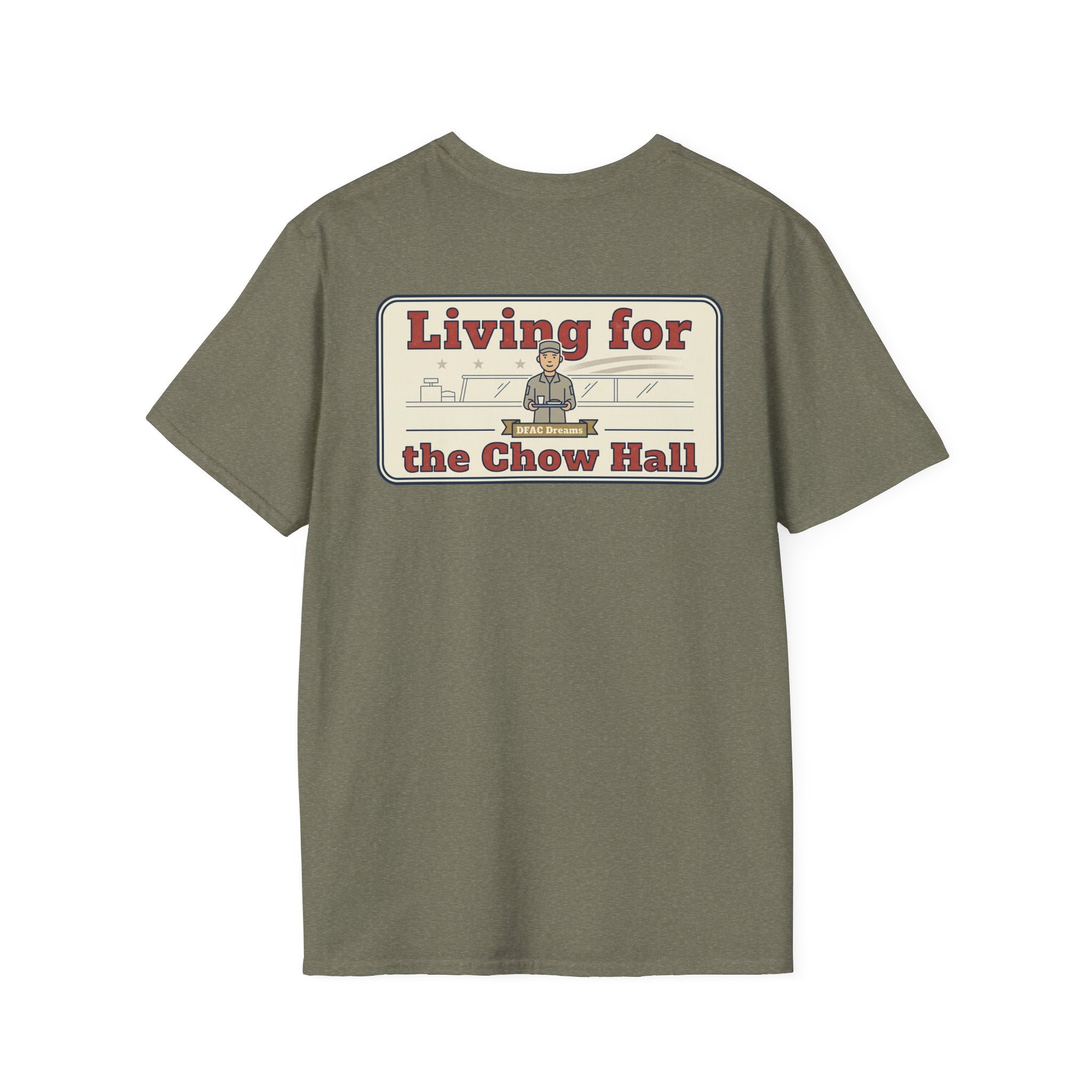 Graphic t-shirt in olive green with large back panel logo and text graphic