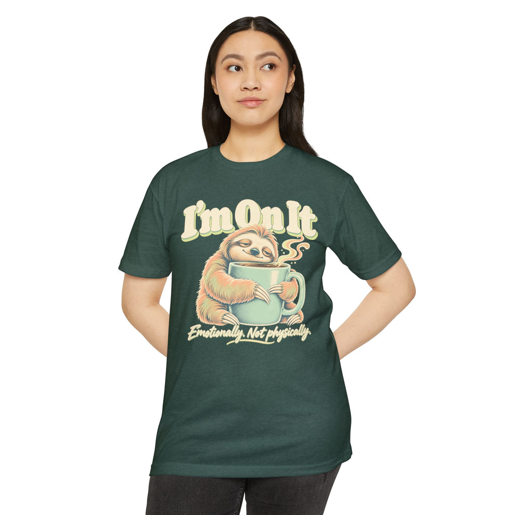 Dark green crew-neck T-shirt with sloth coffee mug front graphic and slogan