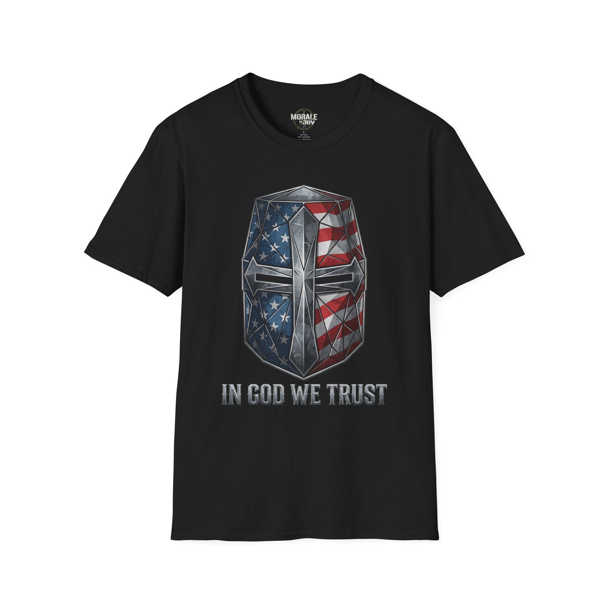 Black T-Shirt featuring crusader helmet American flag graphic and “IN GOD WE TRUST”
