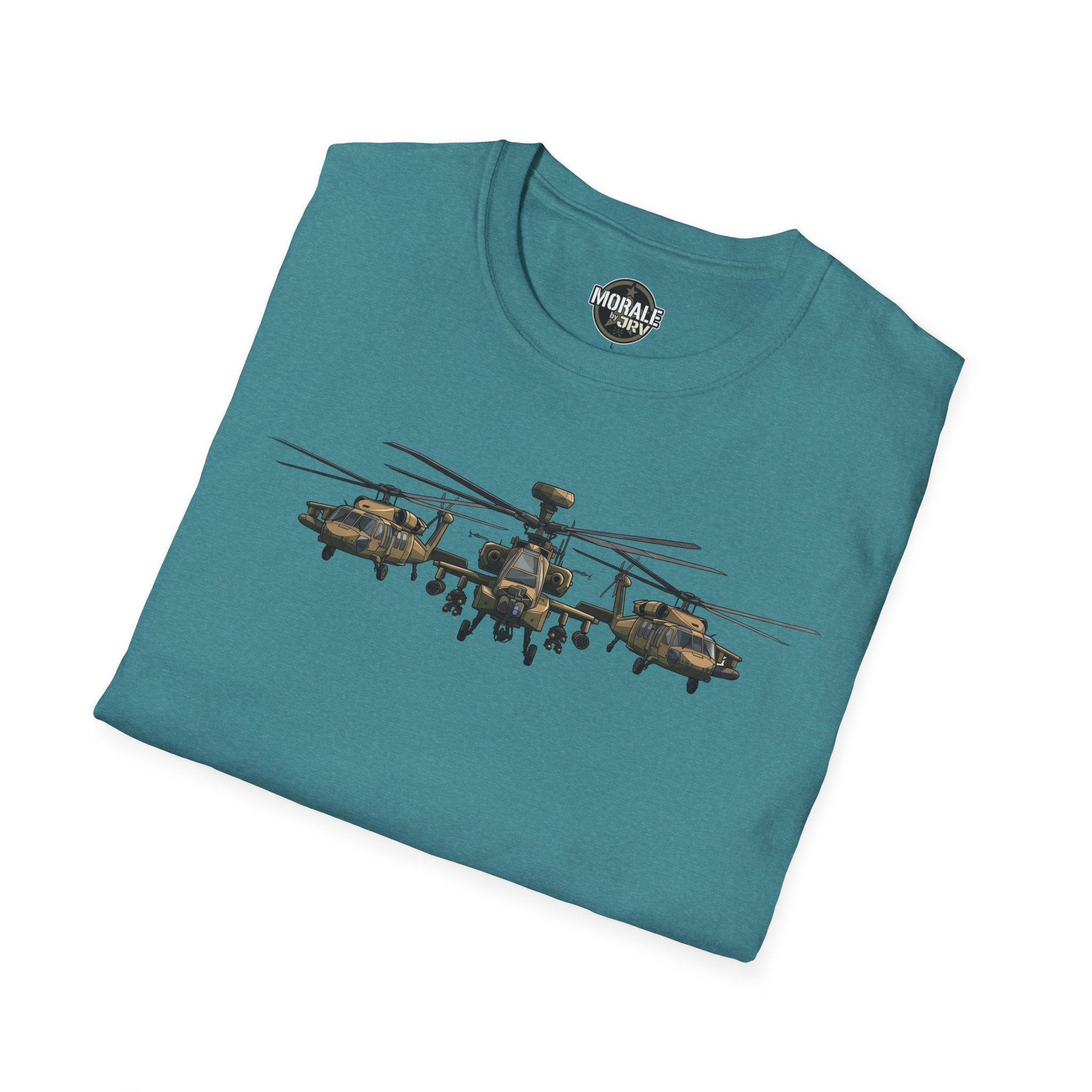 Apache Attack Helicopter T-shirt, teal folded with helicopter formation graphic