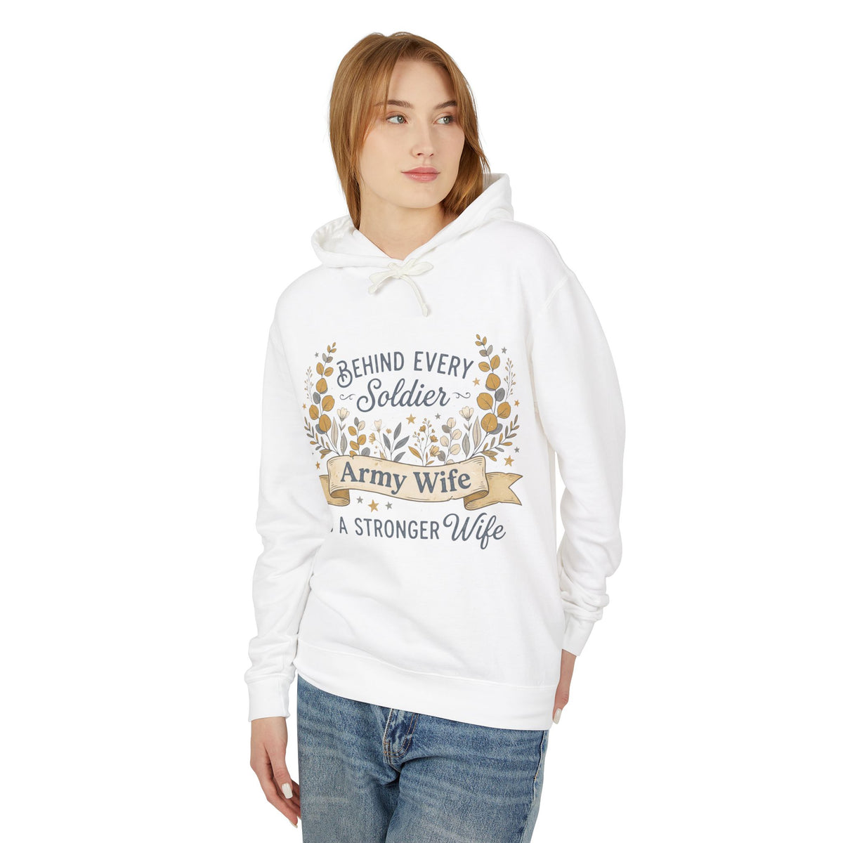 White hoodie with floral wreath chest graphic, drawstring hood