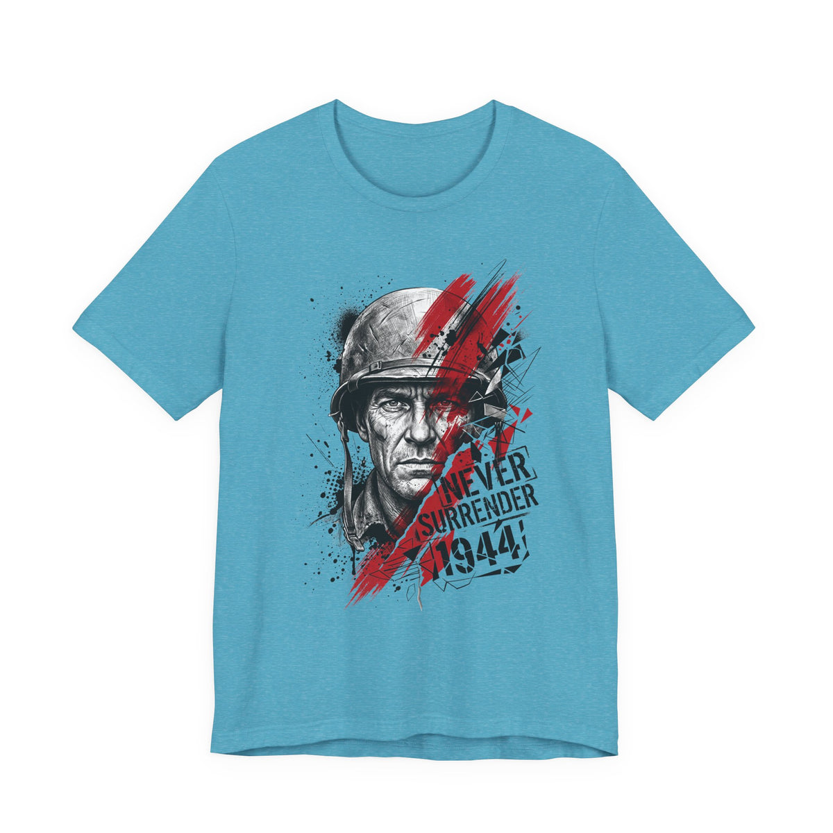 Teal crew-neck T-shirt with WWII veteran portrait graphic and red "Never Surrender 1944" print