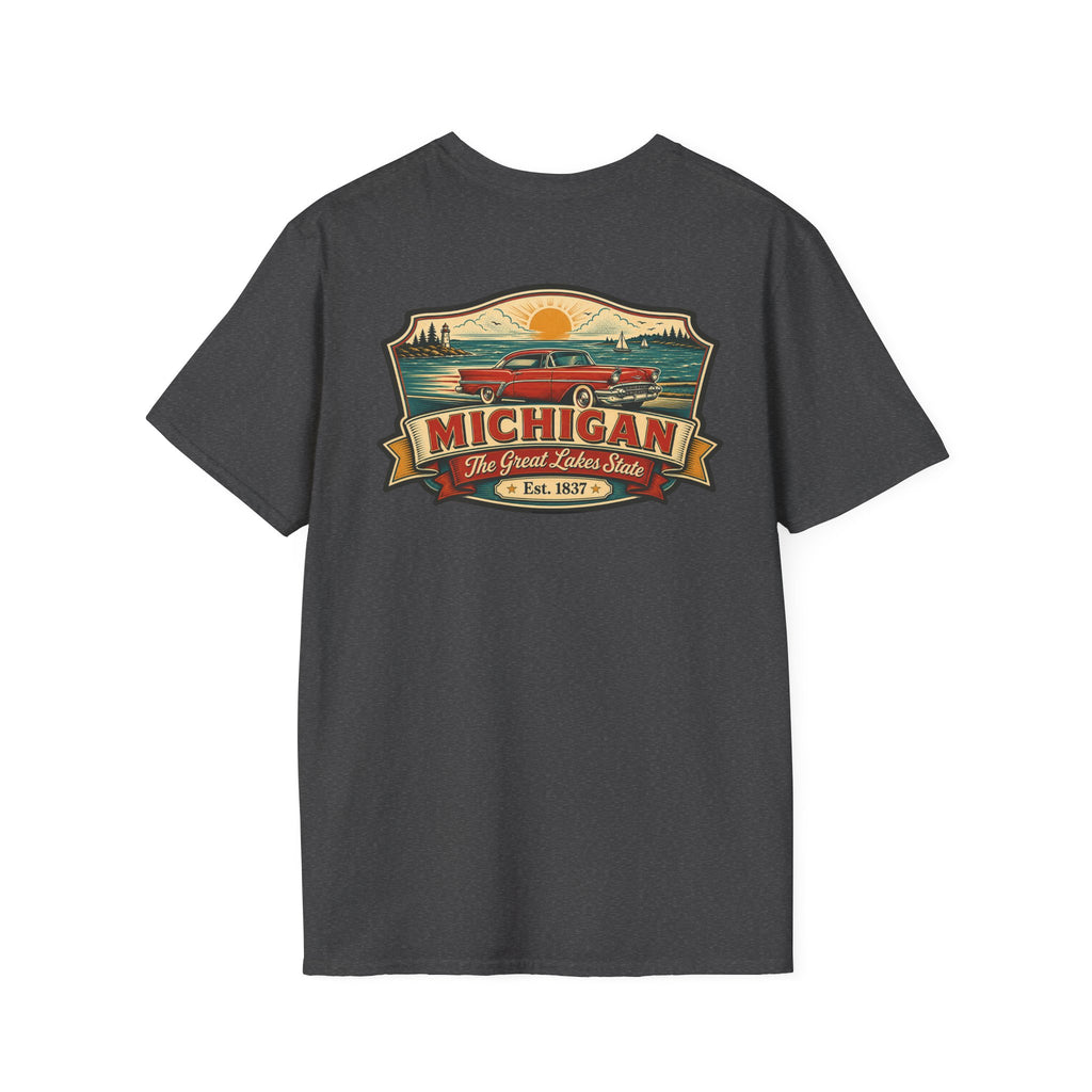 Dark charcoal T-shirt with Michigan emblem and red car graphic on front