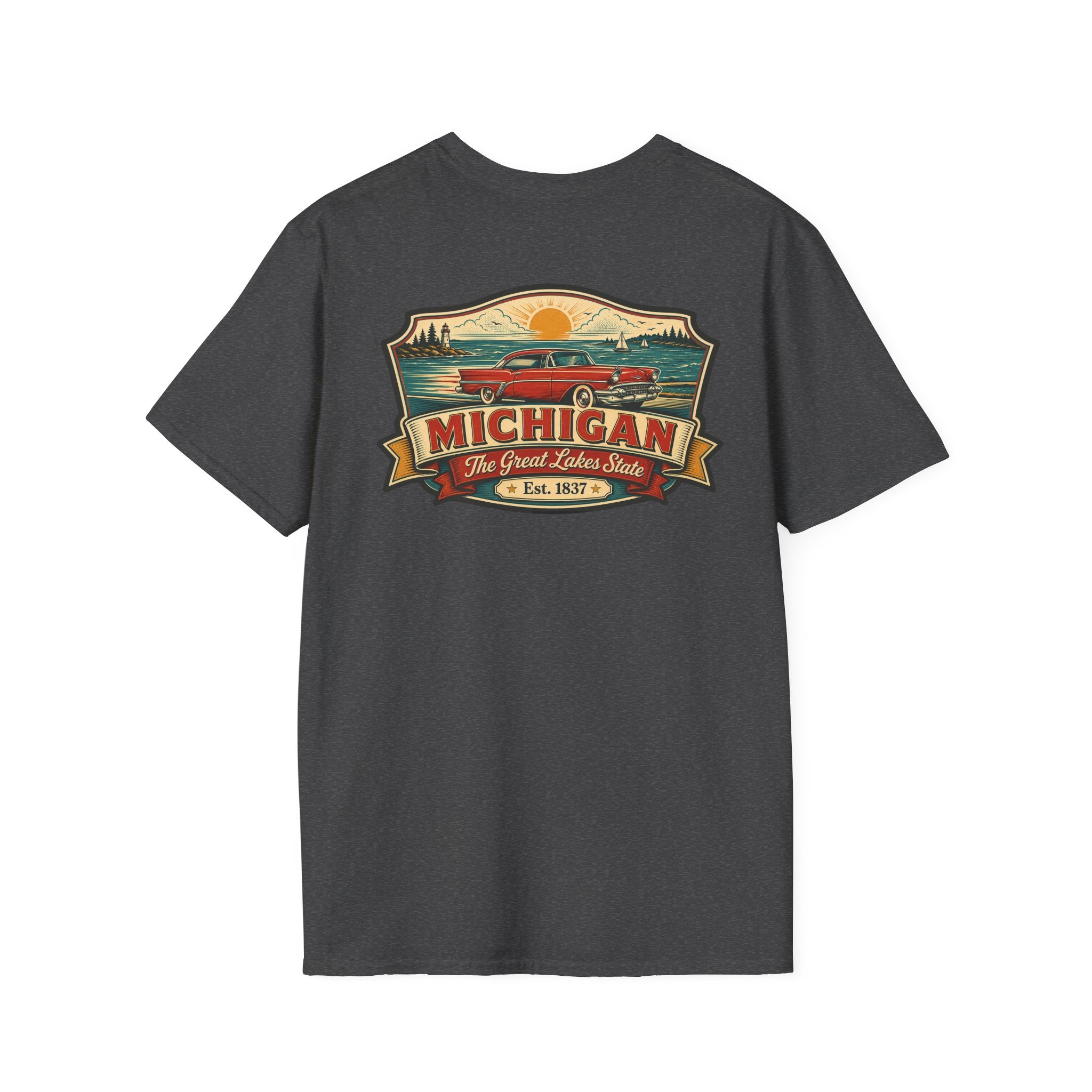 Dark charcoal T-shirt with Michigan emblem and red car graphic on front