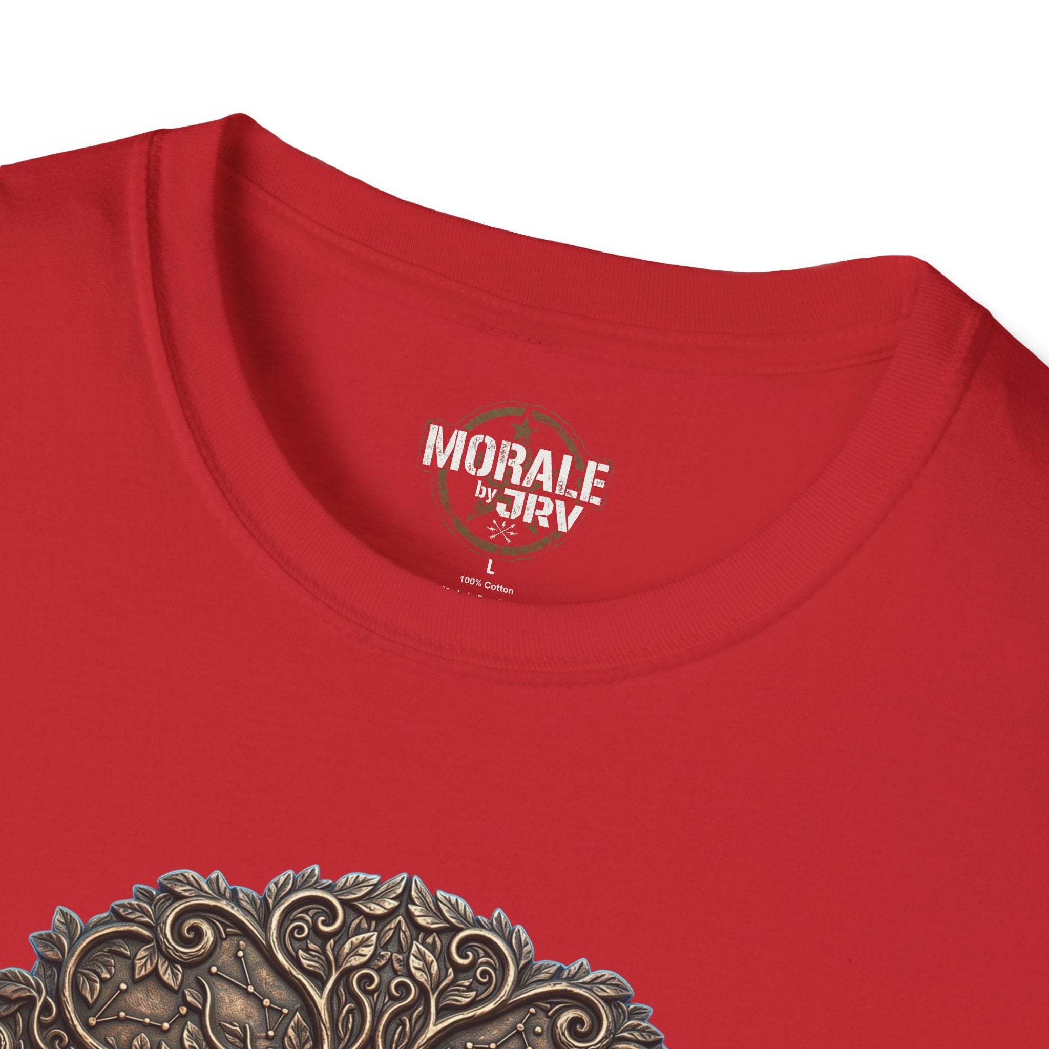 Red T-shirt with Tree of Life knotwork graphic and small chest logo